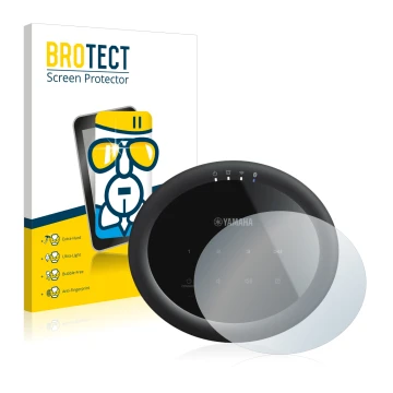Front side of a product packaging with the brand logo BROTECT. Next to it is the device Yamaha MusicCast 20 shown with the cor