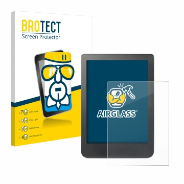 Front side of a product packaging with the brand logo BROTECT. Next to it is the device Kobo Clara HD (6