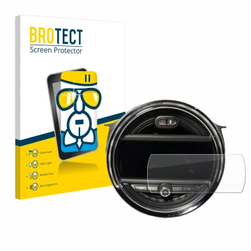 Front side of a product packaging with the brand logo BROTECT. Next to it is the device Mini Cooper F56 (8.8