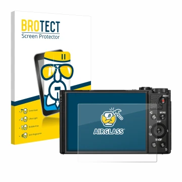 Front side of a product packaging with the brand logo BROTECT. Next to it is the device Sony Cyber-Shot DSC-HX99 shown with th