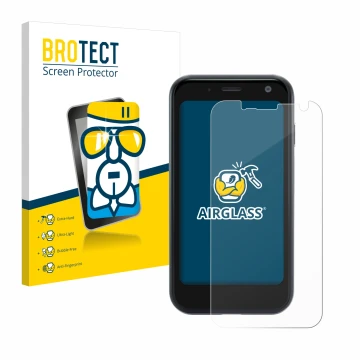 Front side of a product packaging with the brand logo BROTECT. Next to it is the device Palm Mini Smartphone shown with the co