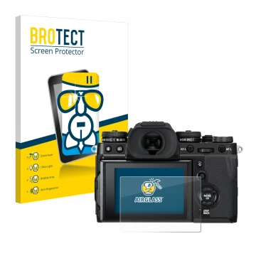 Front side of a product packaging with the brand logo BROTECT. Next to it is the device Fujifilm X-T3 shown with the correspon