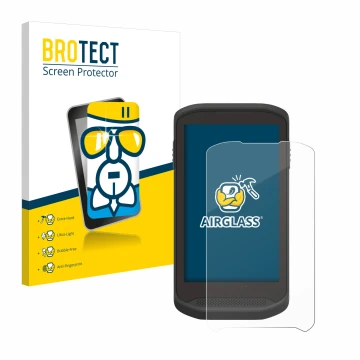 Front side of a product packaging with the brand logo BROTECT. Next to it is the device Zebra TC25 shown with the correspondin