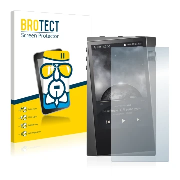 Front side of a product packaging with the brand logo BROTECT. Next to it is the device Astell&Kern A&norma SR15 shown with th
