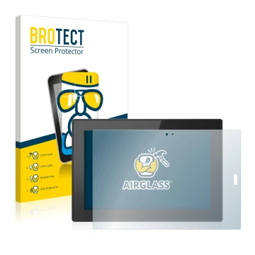 Front side of a product packaging with the brand logo BROTECT. Next to it is the device Lenovo Tablet 10 (3th Gen.) shown with