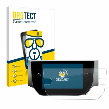 Front side of a product packaging with the brand logo BROTECT. Next to it is the device Seat Ibiza Media System Pro 8