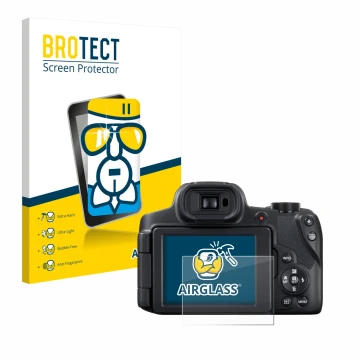 Front side of a product packaging with the brand logo BROTECT. Next to it is the device Canon PowerShot SX70 HS shown with the