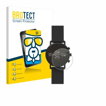 Front side of a product packaging with the brand logo BROTECT. Next to it is the device Skagen Smartwatch Falster 2 shown with