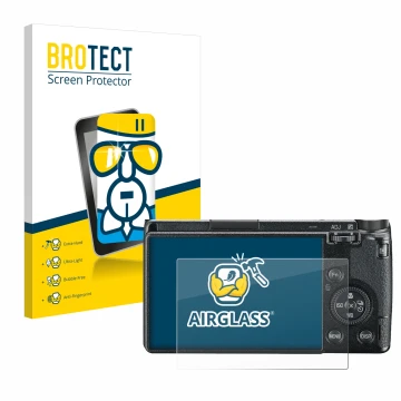 Front side of a product packaging with the brand logo BROTECT. Next to it is the device Ricoh GR III 2019 R02010 shown with th