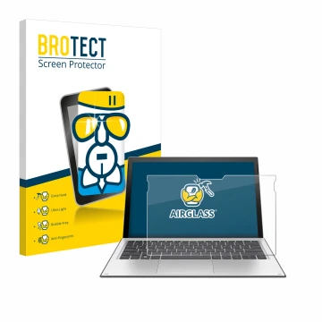 Front side of a product packaging with the brand logo BROTECT. Next to it is the device HP Elite x2 1013 G3 shown with the cor