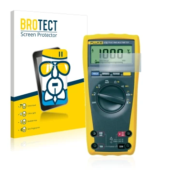 Front side of a product packaging with the brand logo BROTECT. Next to it is the device Fluke MultiMeter 175 shown with the co
