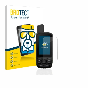 Front side of a product packaging with the brand logo BROTECT. Next to it is the device Garmin GPSMAP 66s shown with the corre
