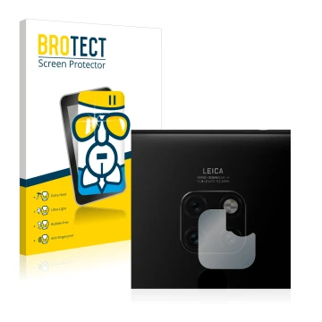 Front side of a product packaging with the brand logo BROTECT. Next to it is the device Huawei Mate 20 (ONLY Camera Lens) show