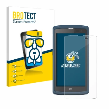 Front side of a product packaging with the brand logo BROTECT. Next to it is the device Crosscall Core X3 shown with the corre
