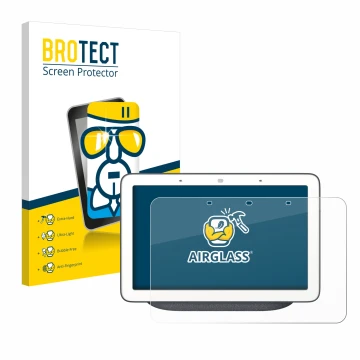 Front side of a product packaging with the brand logo BROTECT. Next to it is the device Google Home Hub shown with the corresp