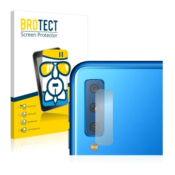 Front side of a product packaging with the brand logo BROTECT. Next to it is the device Samsung Galaxy A7 2018 (ONLY Camera Le