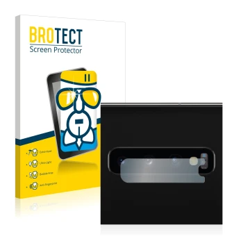 Front side of a product packaging with the brand logo BROTECT. Next to it is the device Samsung Galaxy S10 (ONLY Camera Lens) 