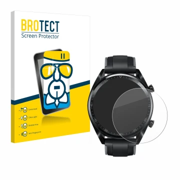 Front side of a product packaging with the brand logo BROTECT. Next to it is the device Huawei Watch GT (46 mm) 2018 shown wit