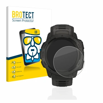 Front side of a product packaging with the brand logo BROTECT. Next to it is the device Garmin Instinct shown with the corresp