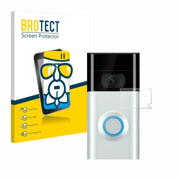 Front side of a product packaging with the brand logo BROTECT. Next to it is the device Ring Doorbell 2 (Lens) shown with the 