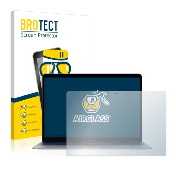 Front side of a product packaging with the brand logo BROTECT. Next to it is the device Apple MacBook Air 13
