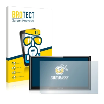 Front side of a product packaging with the brand logo BROTECT. Next to it is the device Kenwood DMX7018DABS shown with the cor