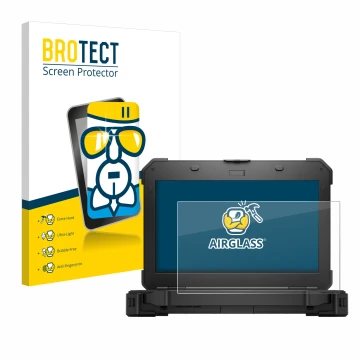 Front side of a product packaging with the brand logo BROTECT. Next to it is the device Dell Latitude 5420 Rugged shown with t