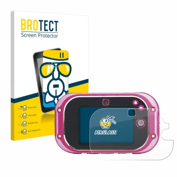 Front side of a product packaging with the brand logo BROTECT. Next to it is the device Vtech Kidizoom Touch 5.0 2018 shown wi