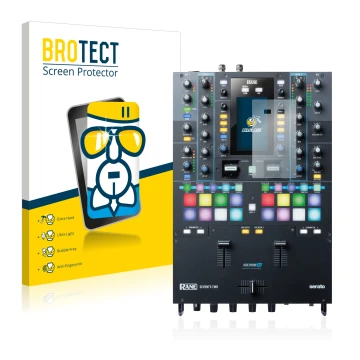 Front side of a product packaging with the brand logo BROTECT. Next to it is the device Rane Seventy-Two shown with the corres