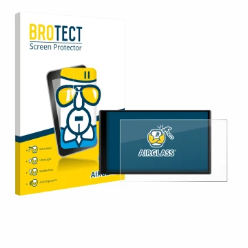 Front side of a product packaging with the brand logo BROTECT. Next to it is the device Garmin DriveTrack 71 shown with the co