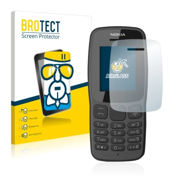 Front side of a product packaging with the brand logo BROTECT. Next to it is the device Nokia 106 2018 shown with the correspo