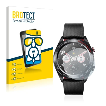 Front side of a product packaging with the brand logo BROTECT. Next to it is the device Honor Watch Magic shown with the corre