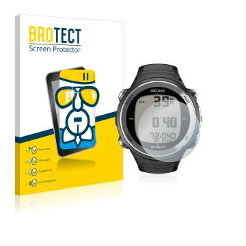 Front side of a product packaging with the brand logo BROTECT. Next to it is the device Suunto D4F shown with the correspondin