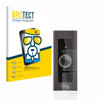 Front side of a product packaging with the brand logo BROTECT. Next to it is the device Ring Video Doorbell Pro shown with the