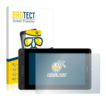 Front side of a product packaging with the brand logo BROTECT. Next to it is the device Huion Kamvas Pro 13 shown with the cor
