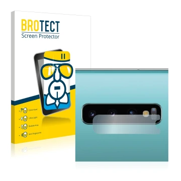 Front side of a product packaging with the brand logo BROTECT. Next to it is the device Samsung Galaxy S10 Plus (ONLY Camera L