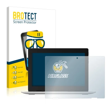 Front side of a product packaging with the brand logo BROTECT. Next to it is the device Lenovo IdeaPad D330 shown with the cor