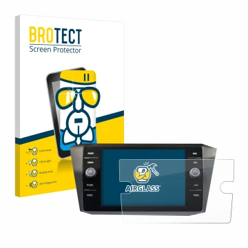 Front side of a product packaging with the brand logo BROTECT. Next to it is the device Volkswagen Tiguan Discover Media 8