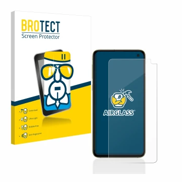 Front side of a product packaging with the brand logo BROTECT. Next to it is the device Samsung Galaxy S10e shown with the cor