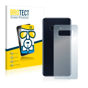 Front side of a product packaging with the brand logo BROTECT. Next to it is the device Samsung Galaxy S10e (Back) shown with 
