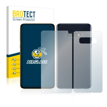 Front side of a product packaging with the brand logo BROTECT. Next to it is the device Samsung Galaxy S10e (Front+Back) shown