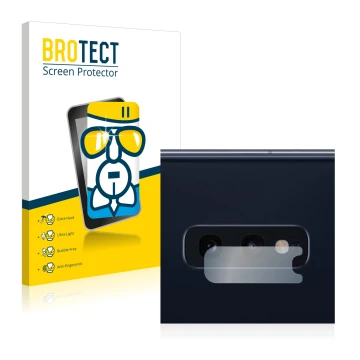 Front side of a product packaging with the brand logo BROTECT. Next to it is the device Samsung Galaxy S10e (ONLY Camera Lens)