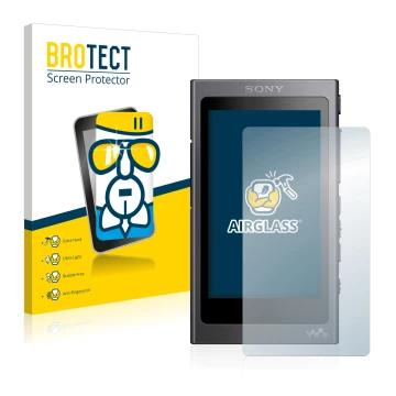 Front side of a product packaging with the brand logo BROTECT. Next to it is the device Sony Walkman A40 shown with the corres