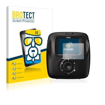 Front side of a product packaging with the brand logo BROTECT. Next to it is the device Fujifilm Instax Square SQ20 shown with