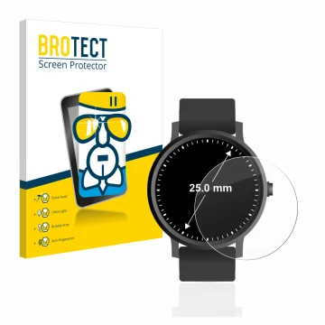 Front side of a product packaging with the brand logo BROTECT. Next to it is the device Circular Displays (ø: 25 mm) shown wit