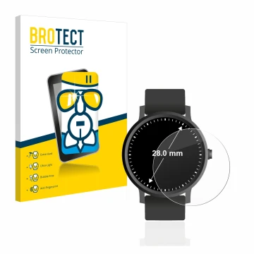 Front side of a product packaging with the brand logo BROTECT. Next to it is the device Circular Displays (ø: 28 mm) shown wit