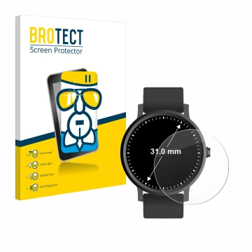 Front side of a product packaging with the brand logo BROTECT. Next to it is the device Circular Displays (ø: 31 mm) shown wit