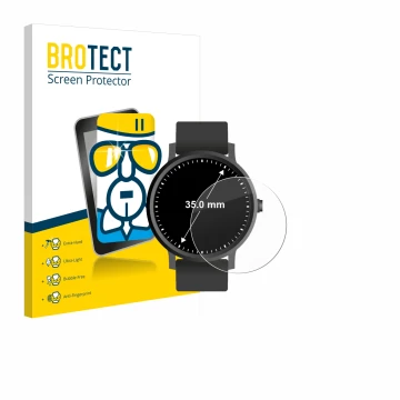 Front side of a product packaging with the brand logo BROTECT. Next to it is the device Circular Displays (ø: 35 mm) shown wit