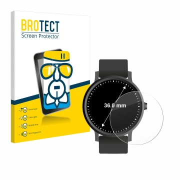 Front side of a product packaging with the brand logo BROTECT. Next to it is the device Circular Displays (ø: 36 mm) shown wit