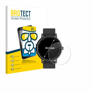 Front side of a product packaging with the brand logo BROTECT. Next to it is the device Circular Displays (ø: 39 mm) shown wit